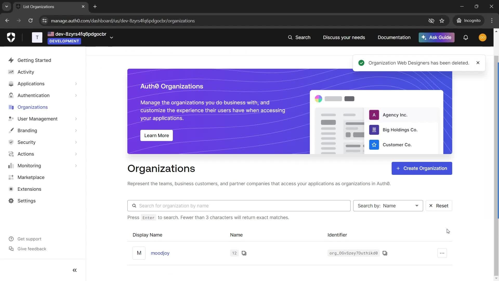 Deleting an organization screenshot