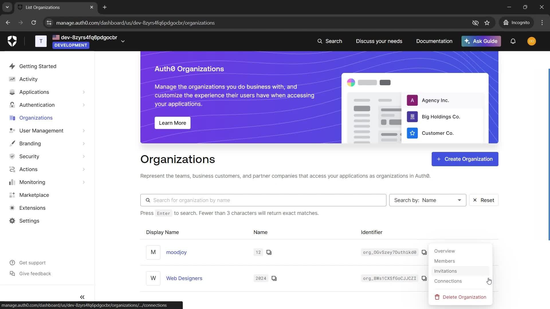 Deleting an organization screenshot