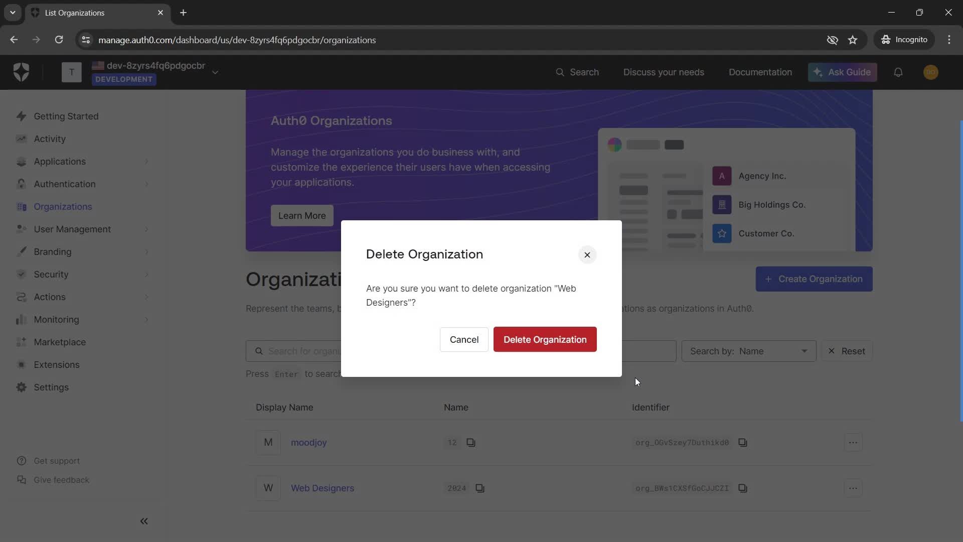 Deleting an organization screenshot