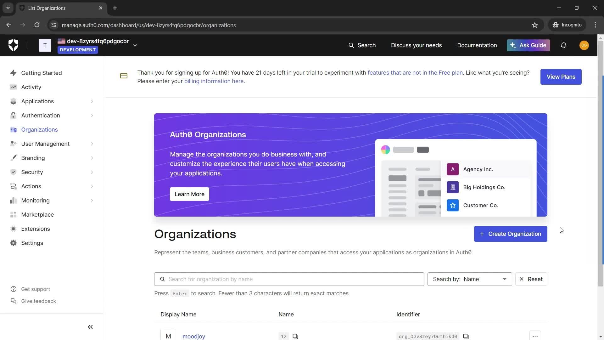 Deleting an organization screenshot