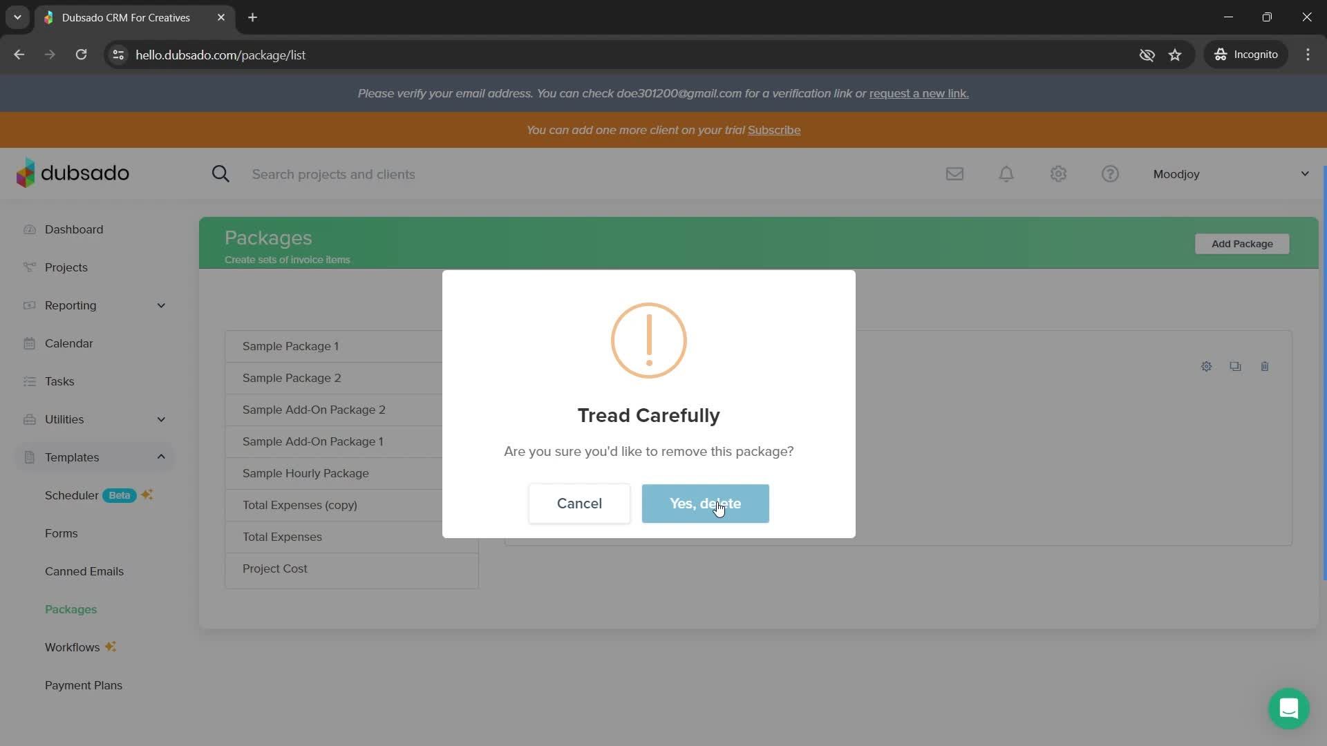 Deleting packages screenshot