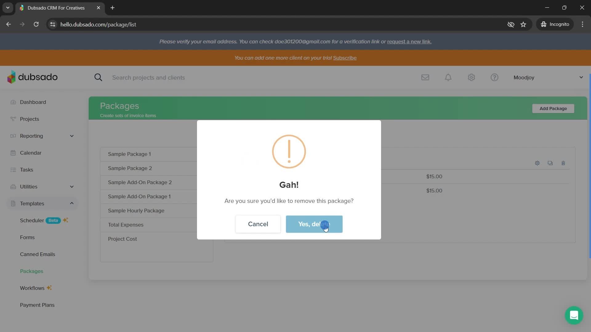 Deleting packages screenshot