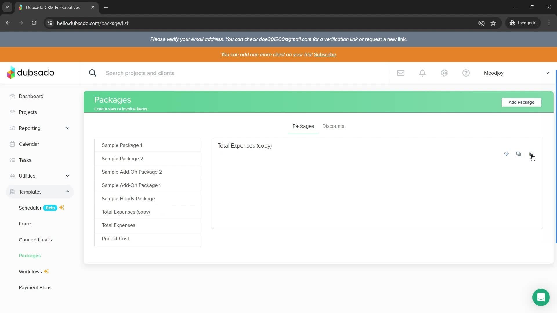 Deleting packages screenshot