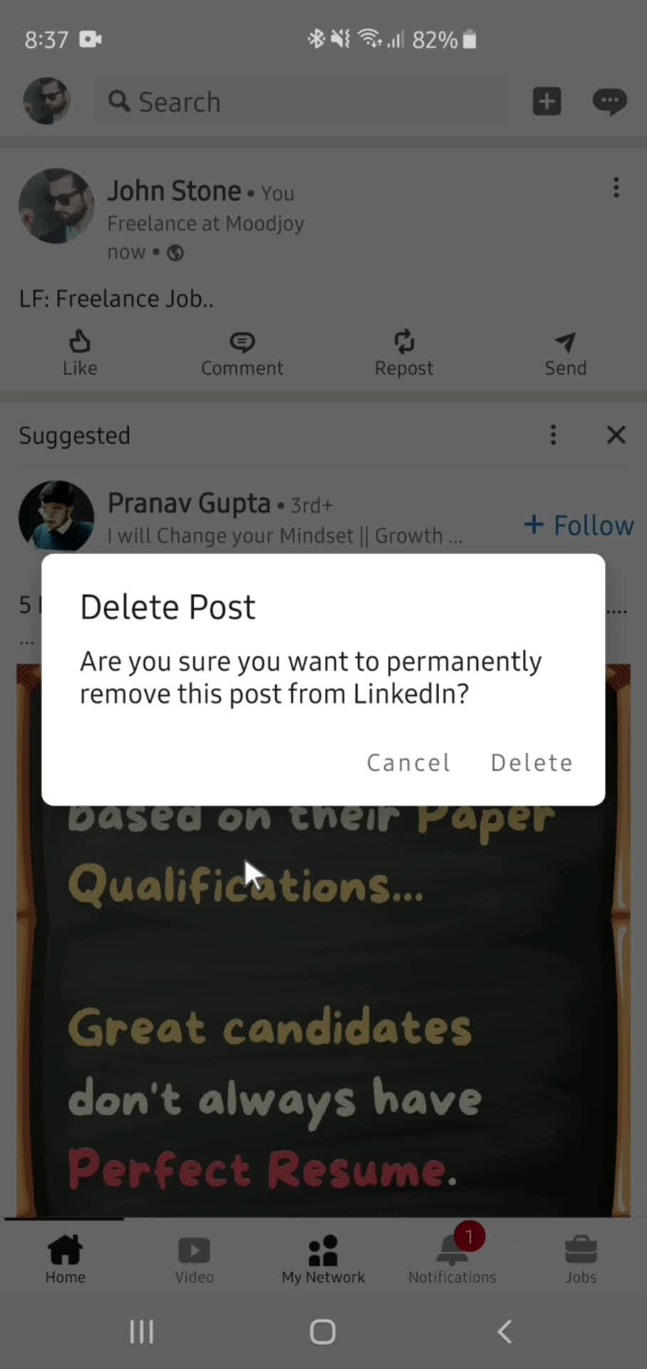 Deleting a post screenshot