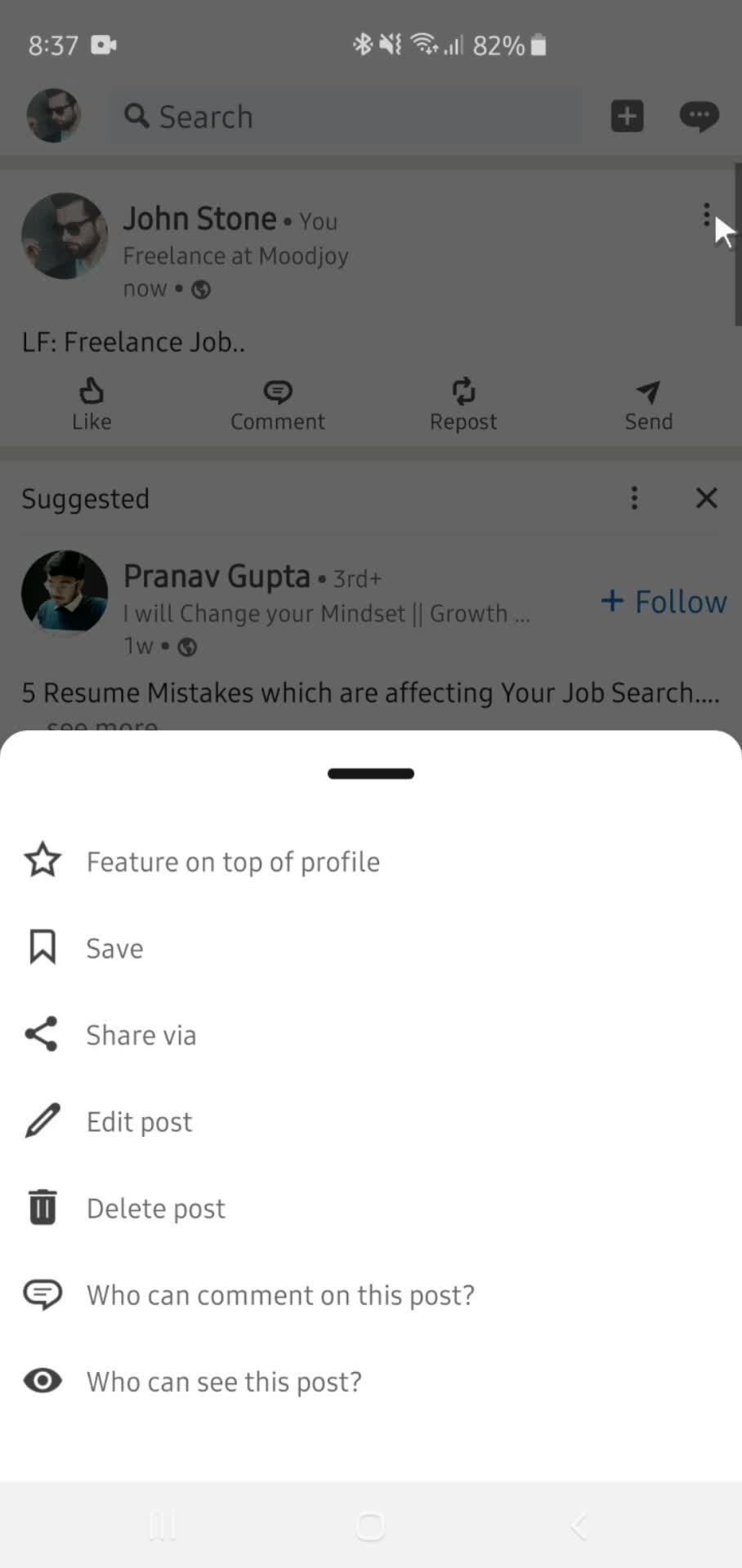 Deleting a post screenshot
