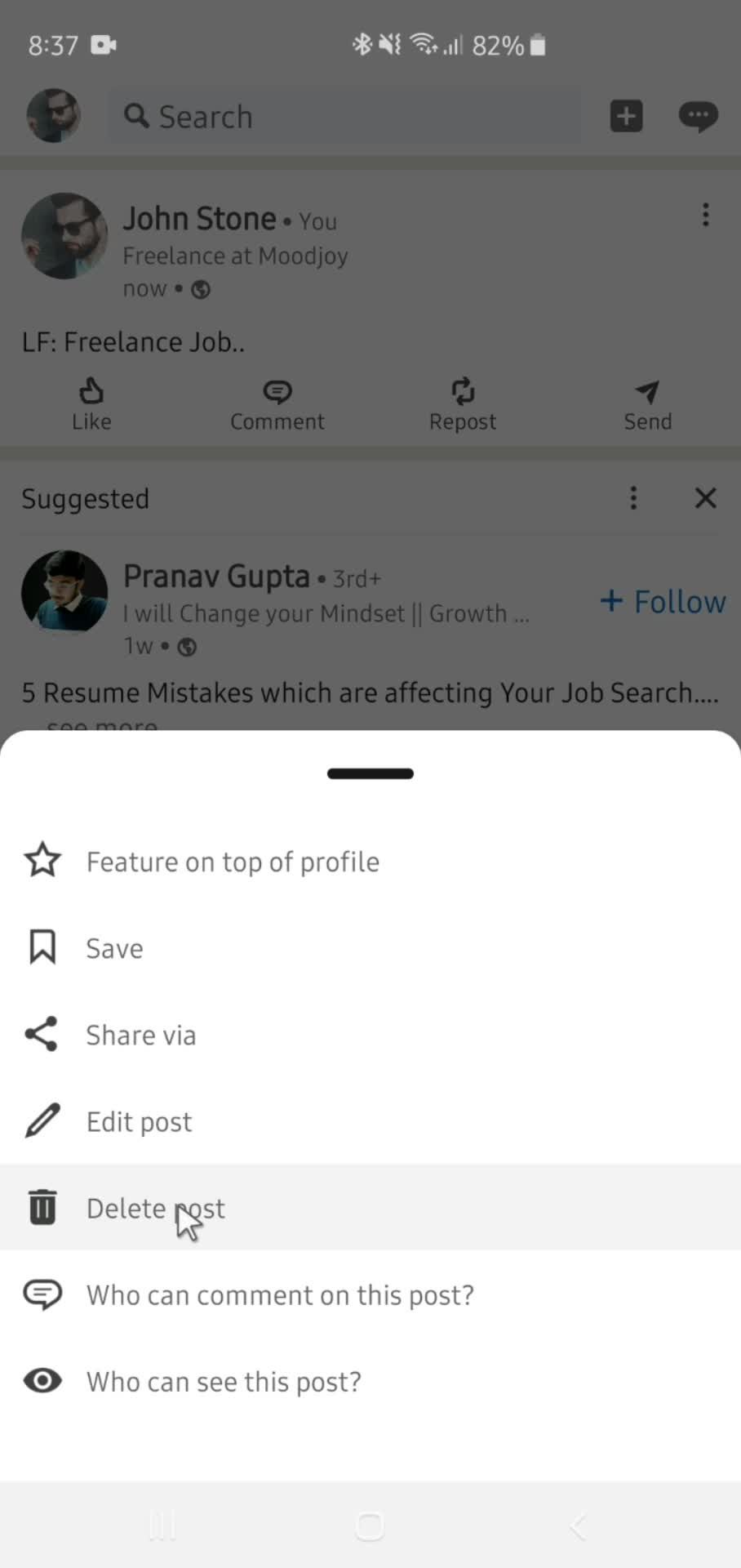 Deleting a post screenshot