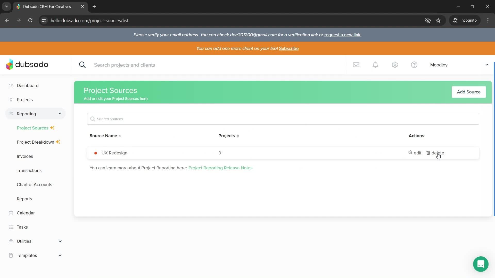 Deleting project source screenshot