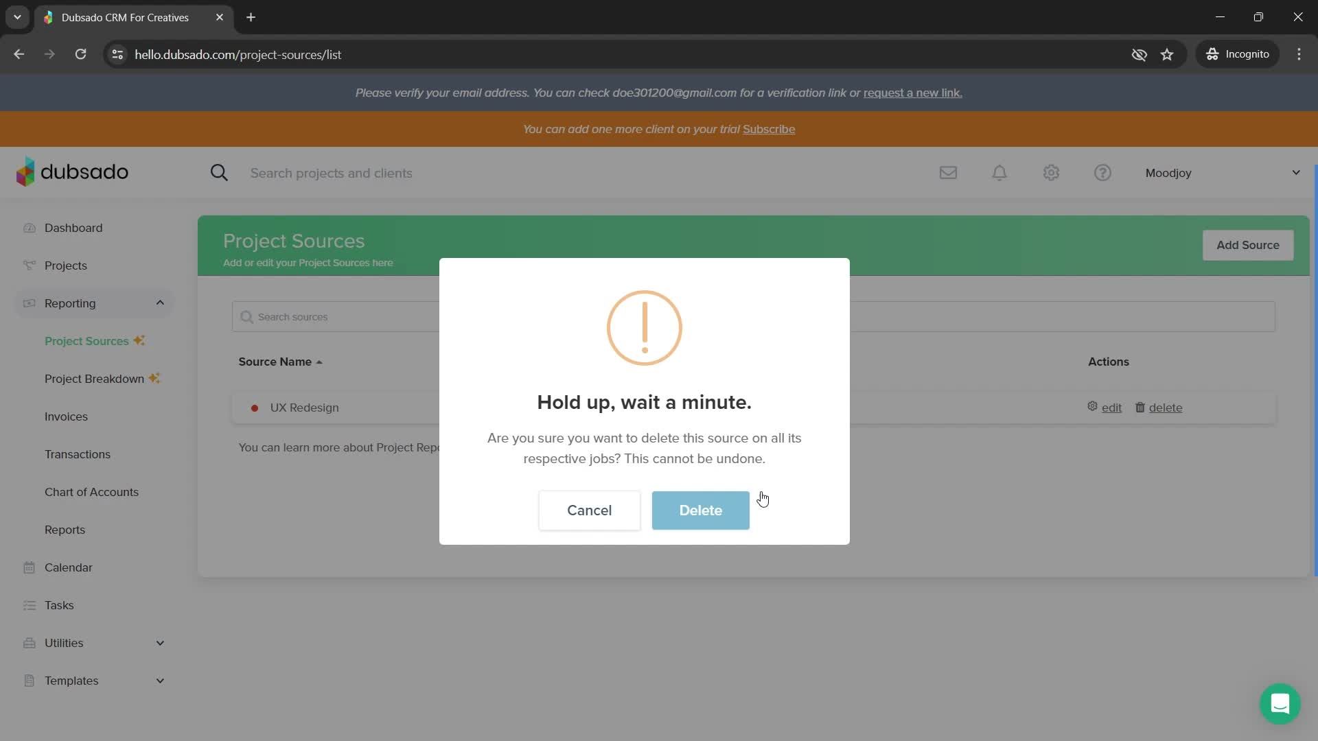 Deleting project source screenshot