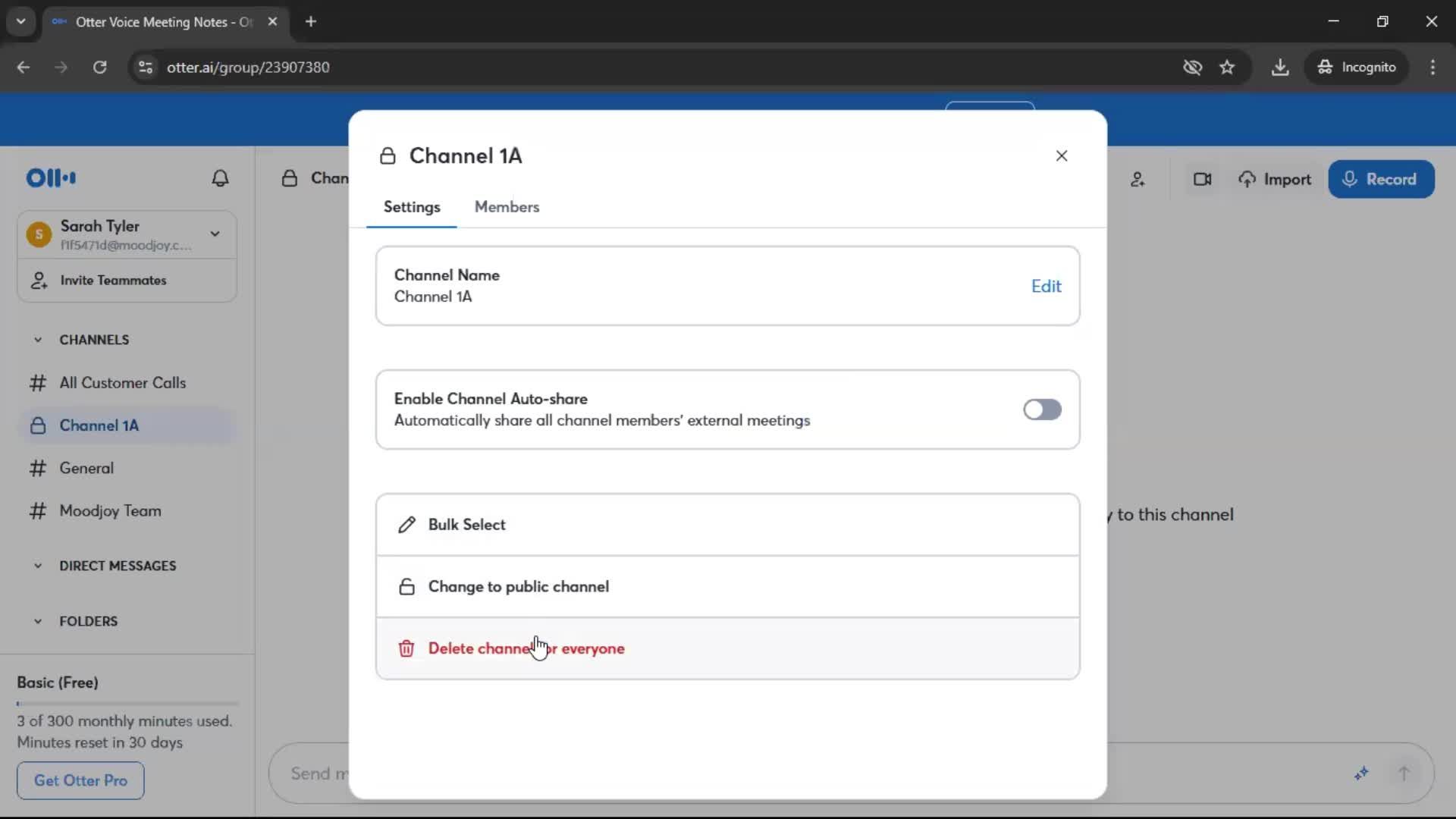 Deleting a channel screenshot
