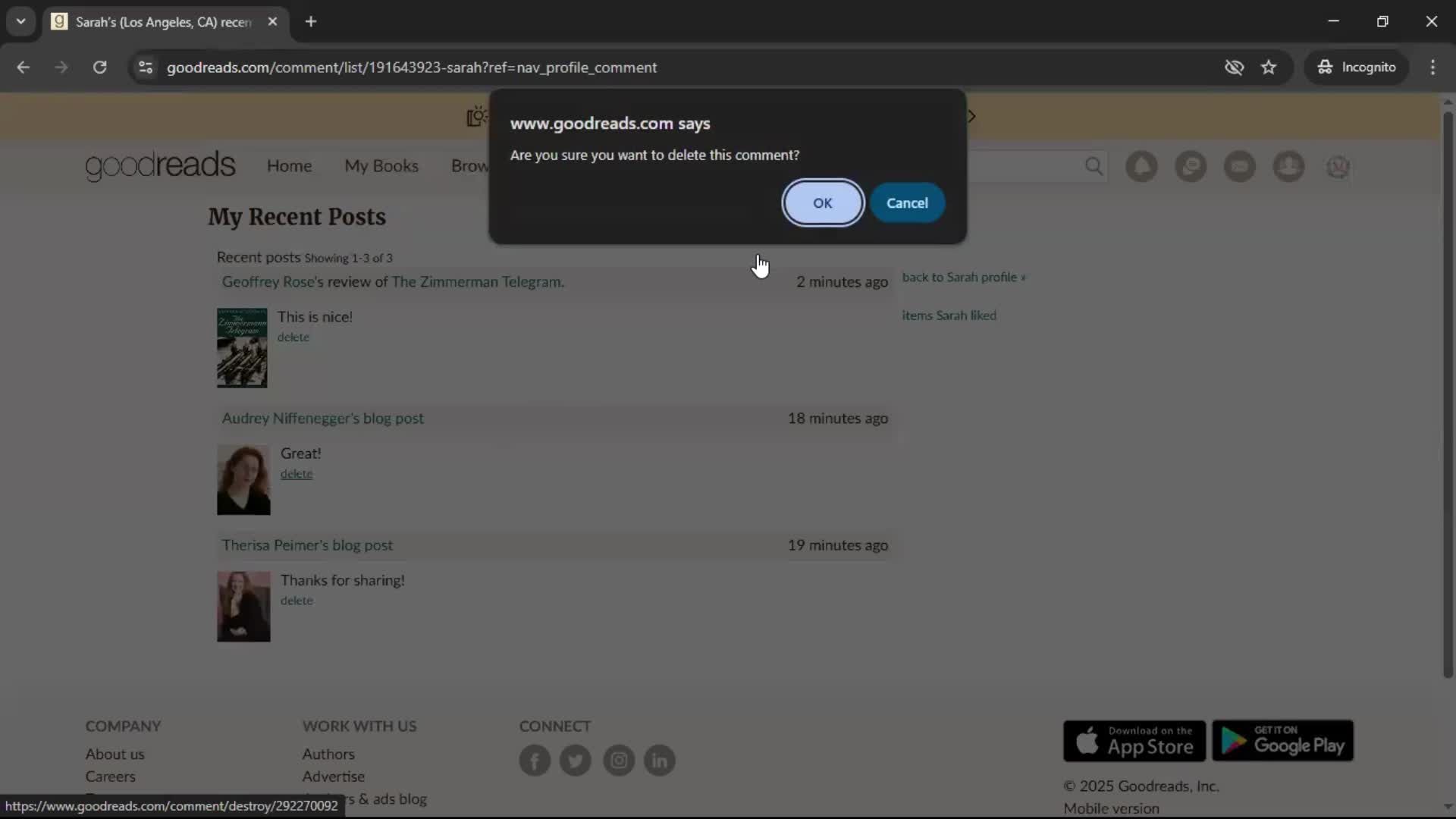 Deleting comments screenshot