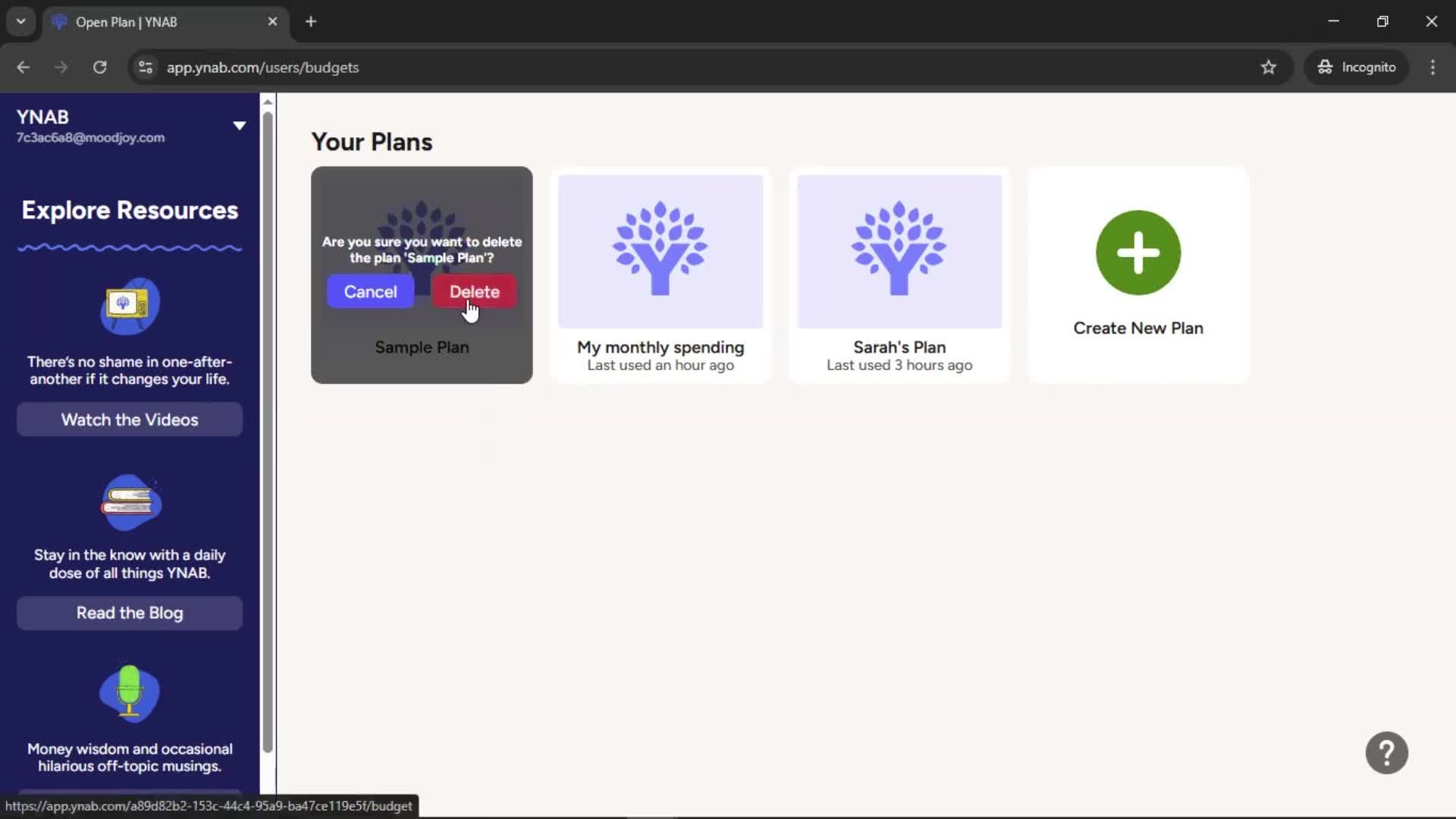 Deleting a plan screenshot