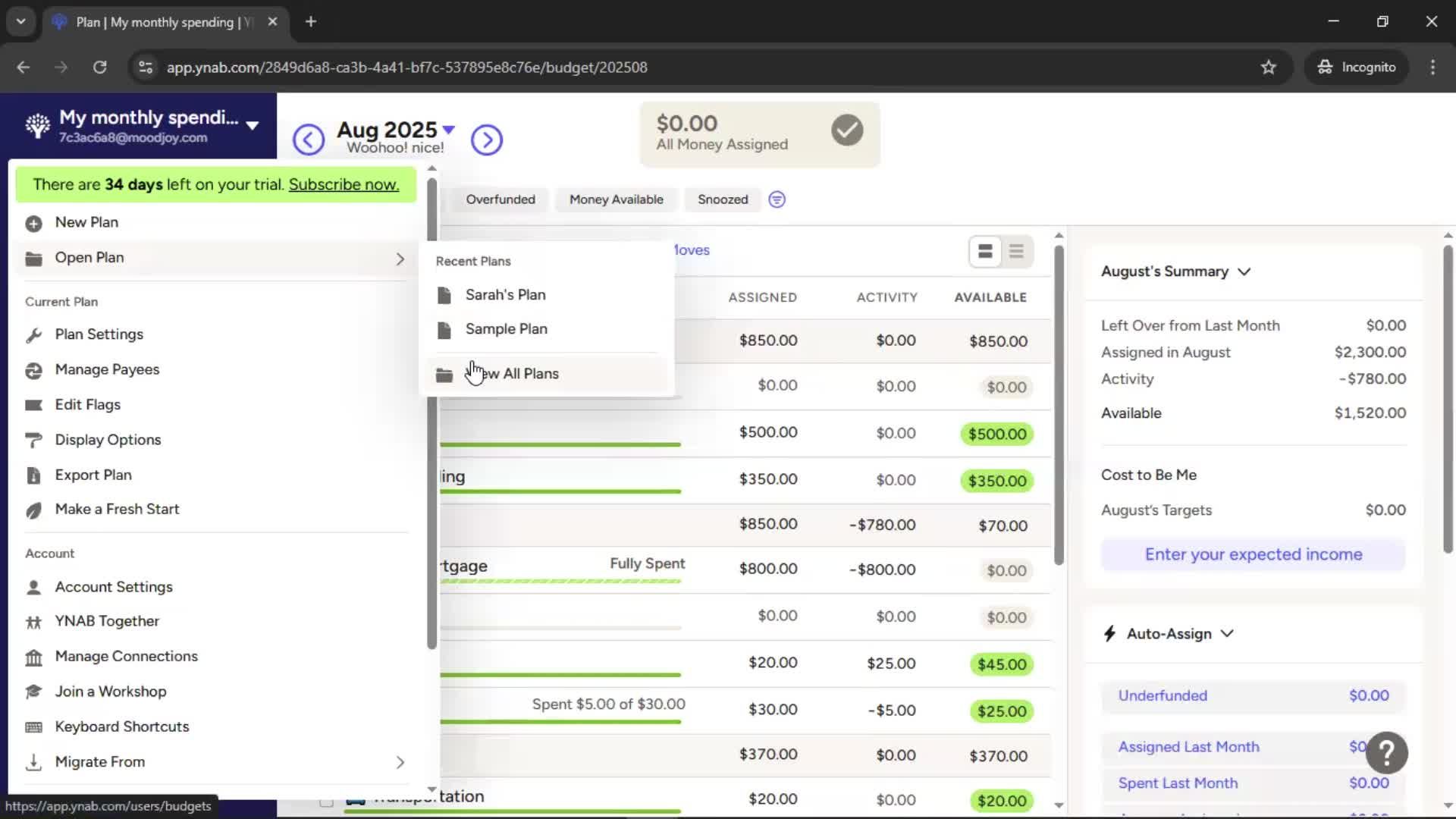 Deleting a plan screenshot