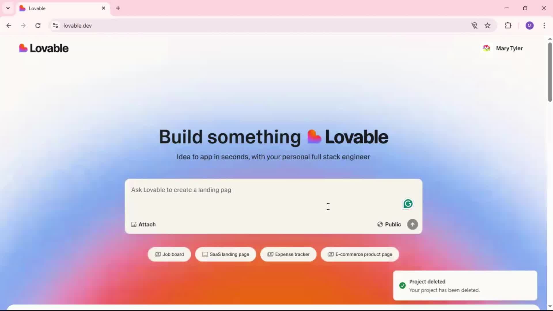 Deleting a project screenshot