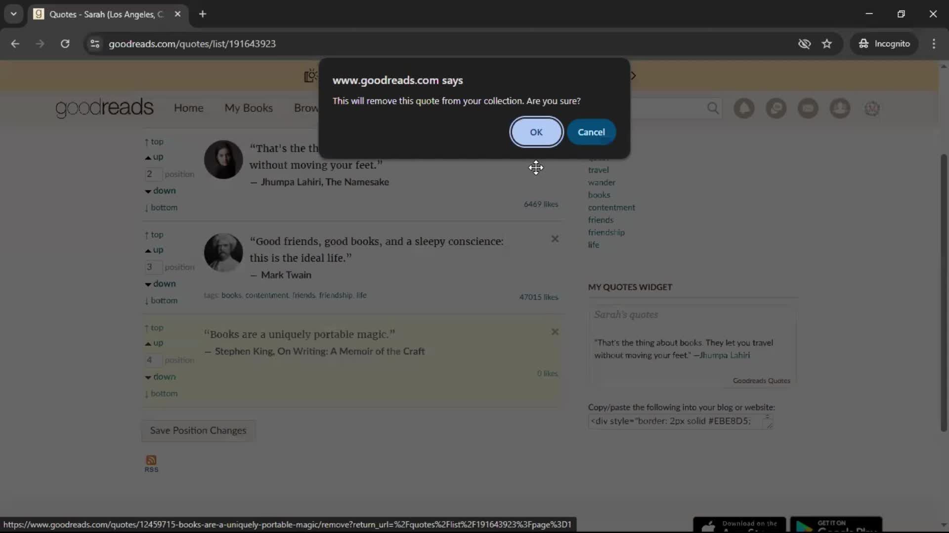 Deleting a quote screenshot