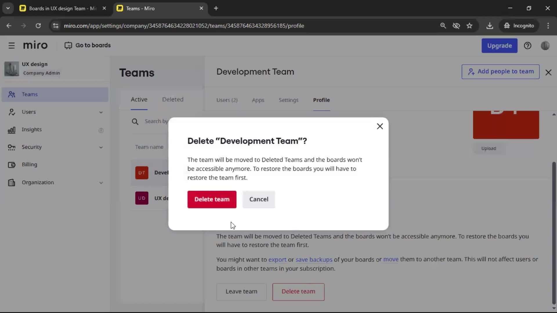 Deleting a team screenshot