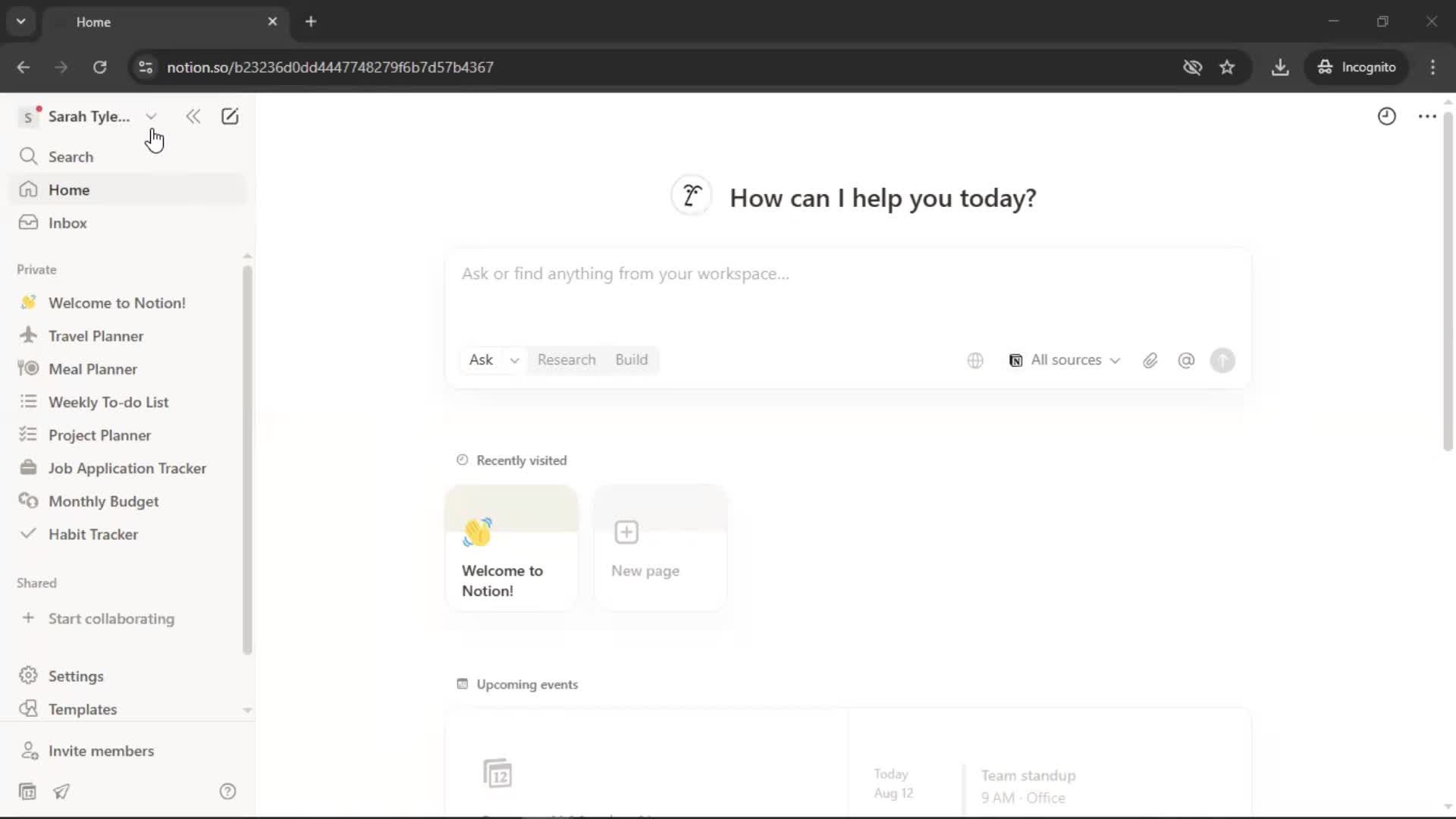 Deleting a workspace screenshot