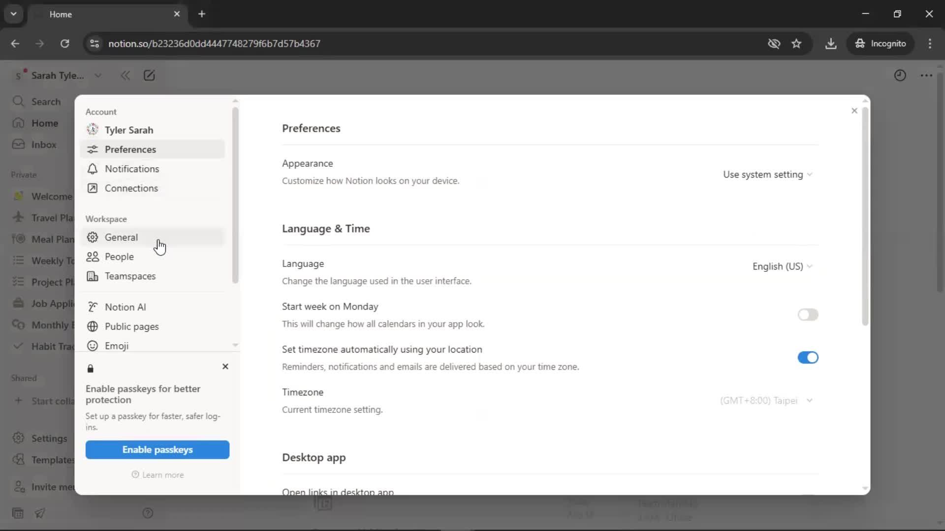 Deleting a workspace screenshot