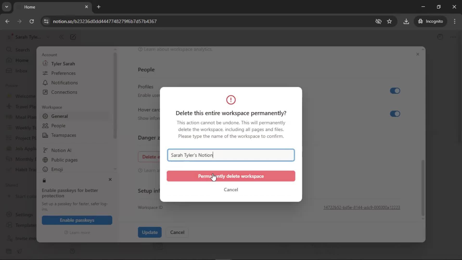 Deleting a workspace screenshot