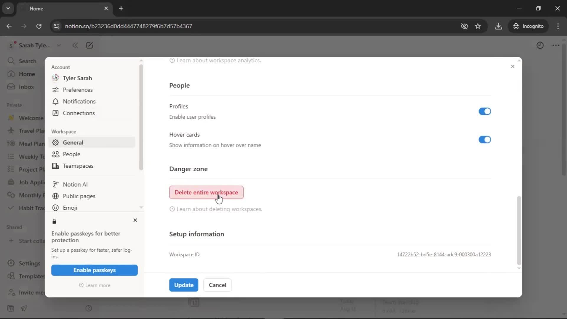 Deleting a workspace screenshot