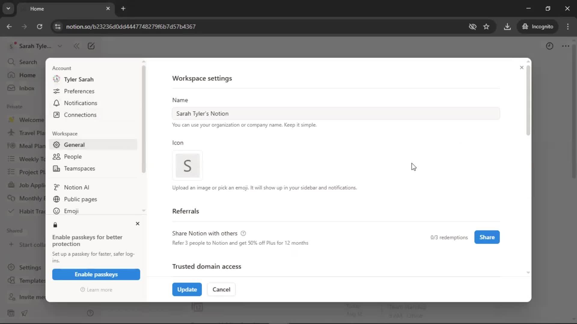 Deleting a workspace screenshot