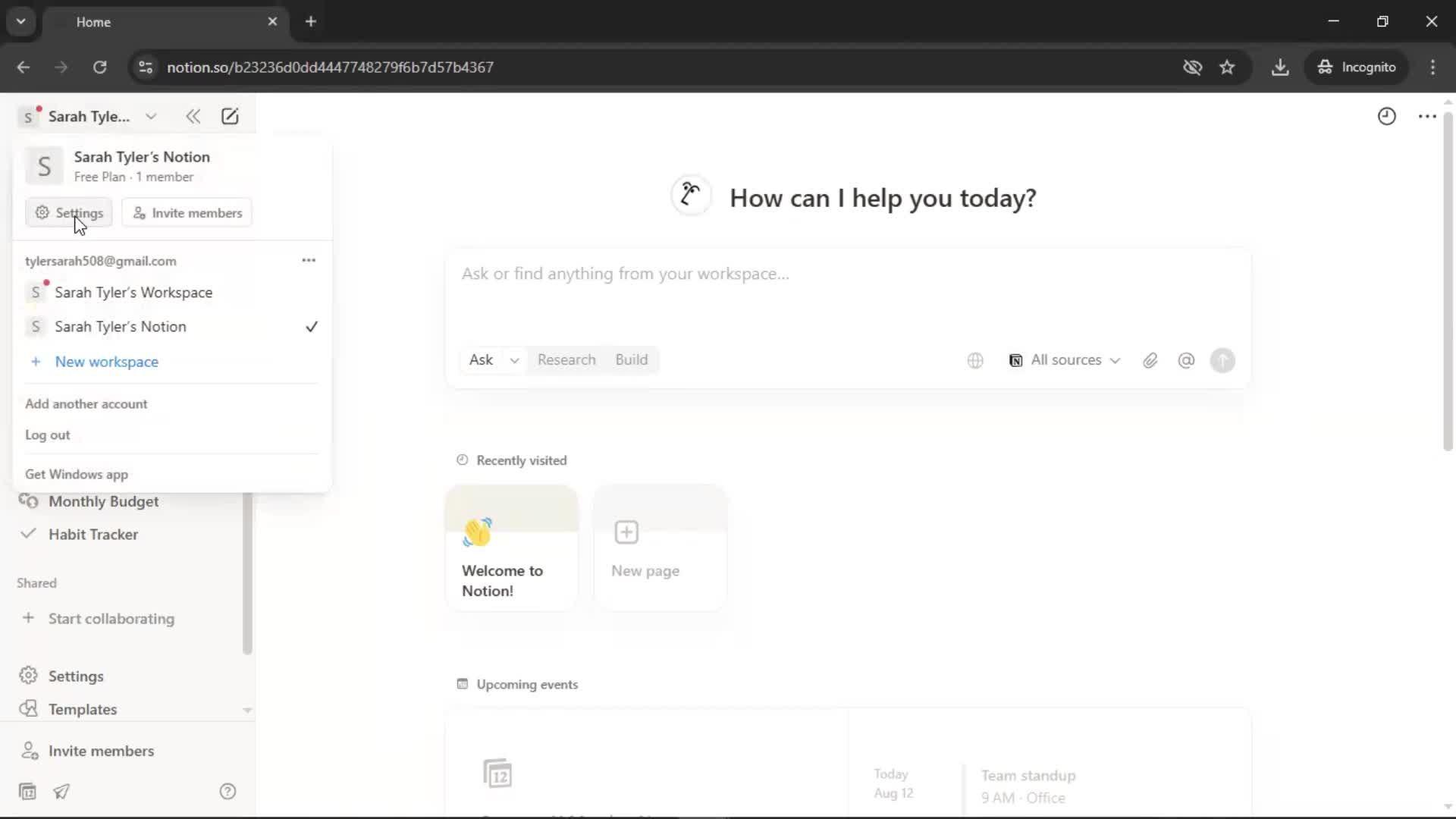 Deleting a workspace screenshot
