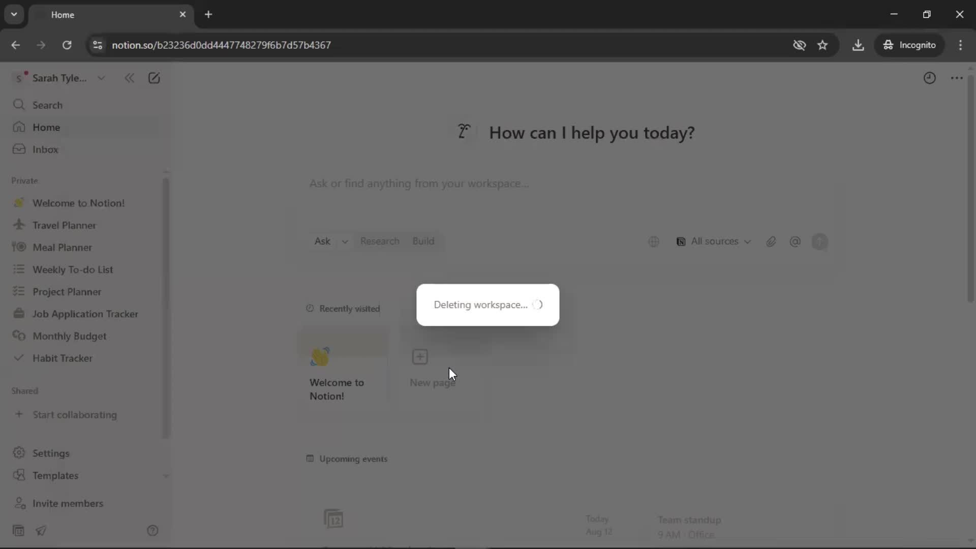 Deleting a workspace screenshot
