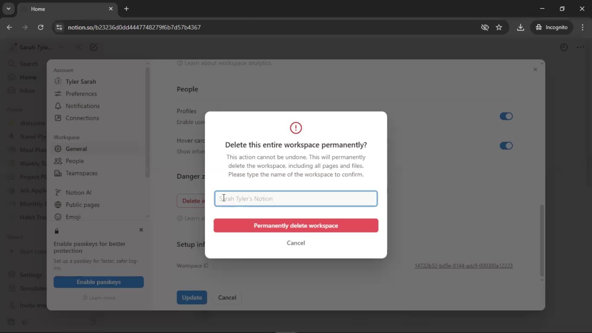 Deleting a workspace screenshot