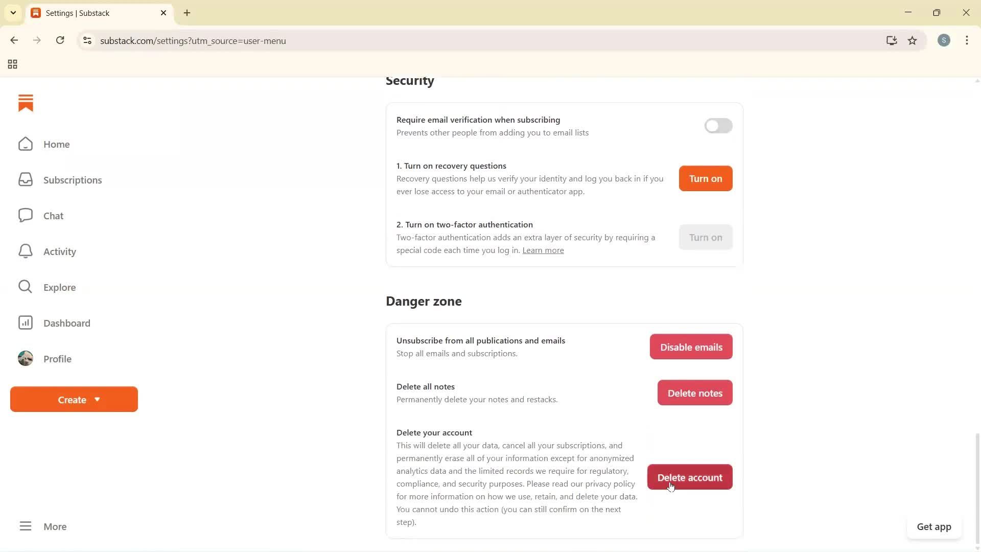 Deleting your account screenshot