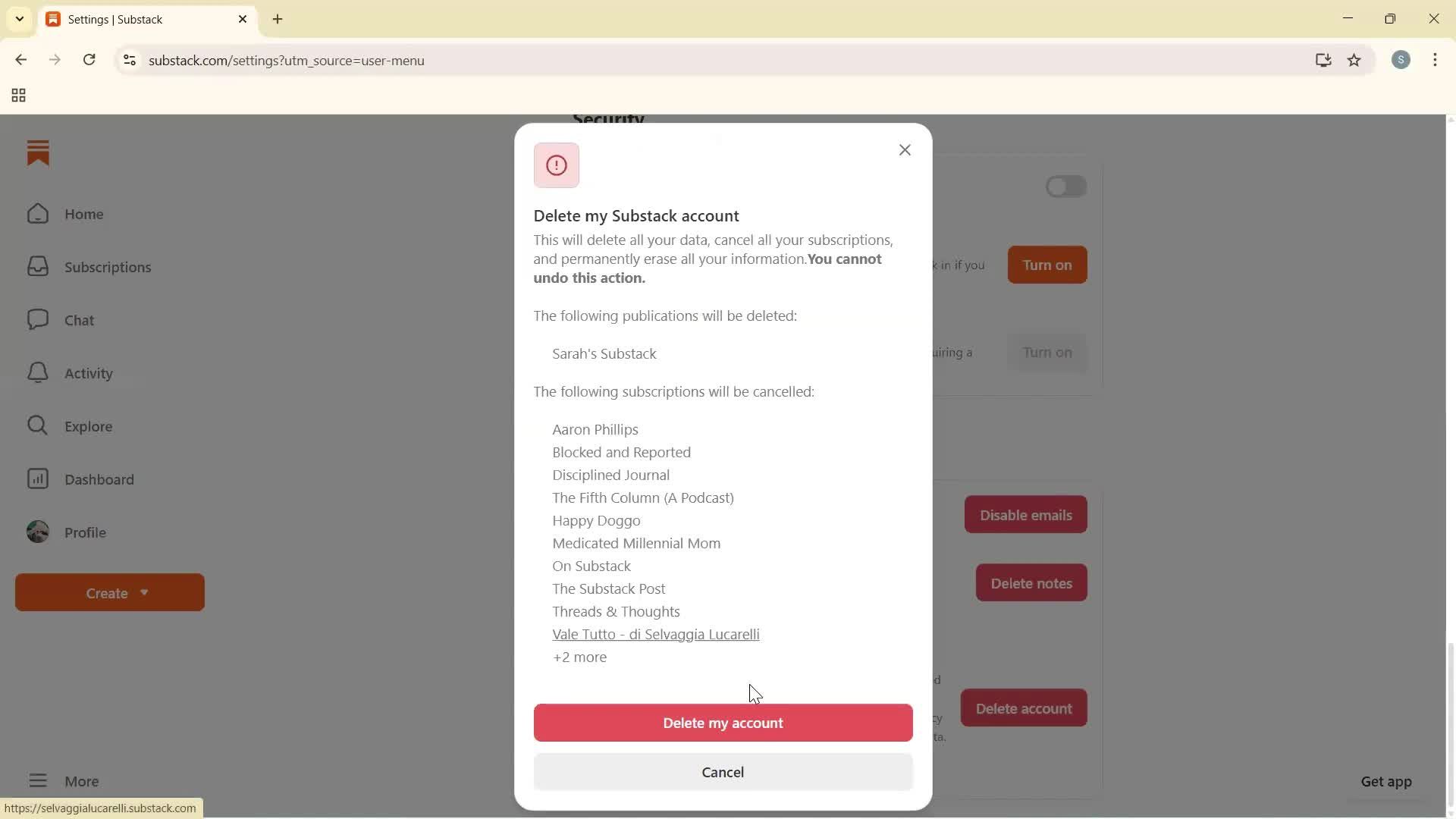 Deleting your account screenshot