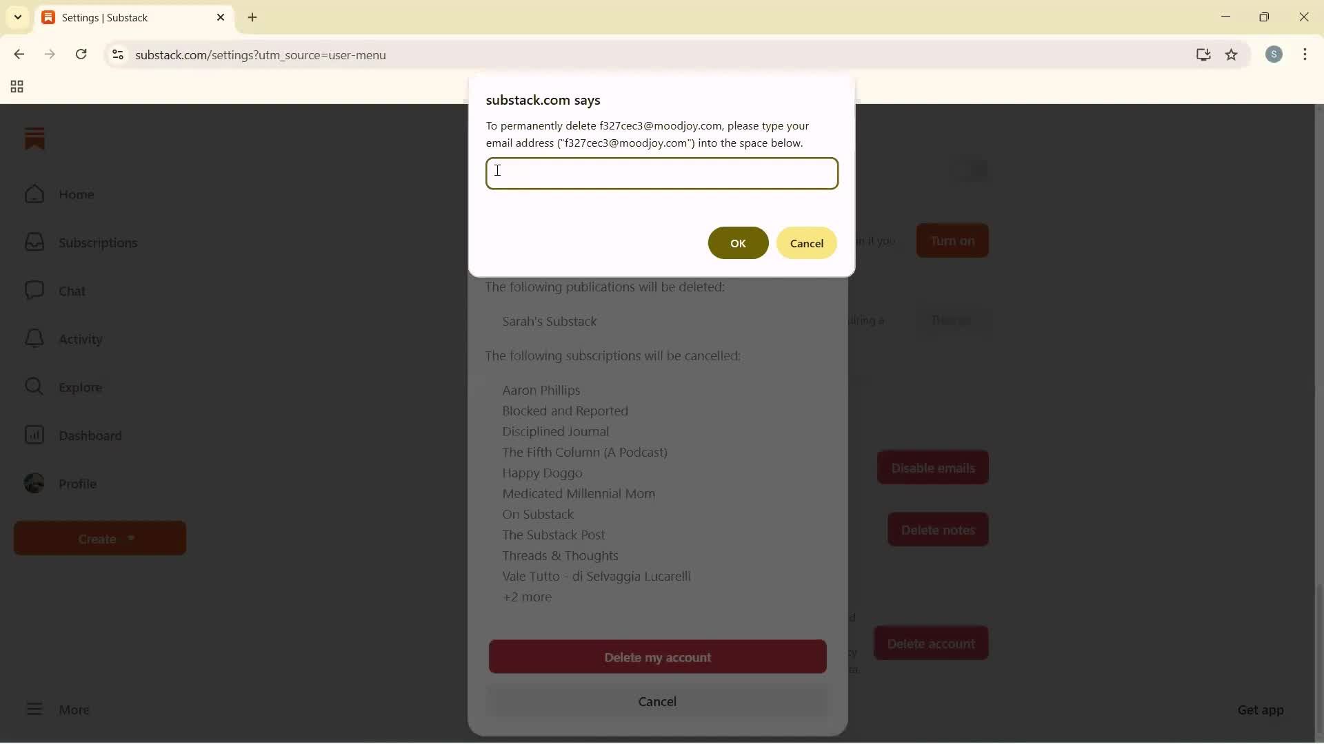 Deleting your account screenshot