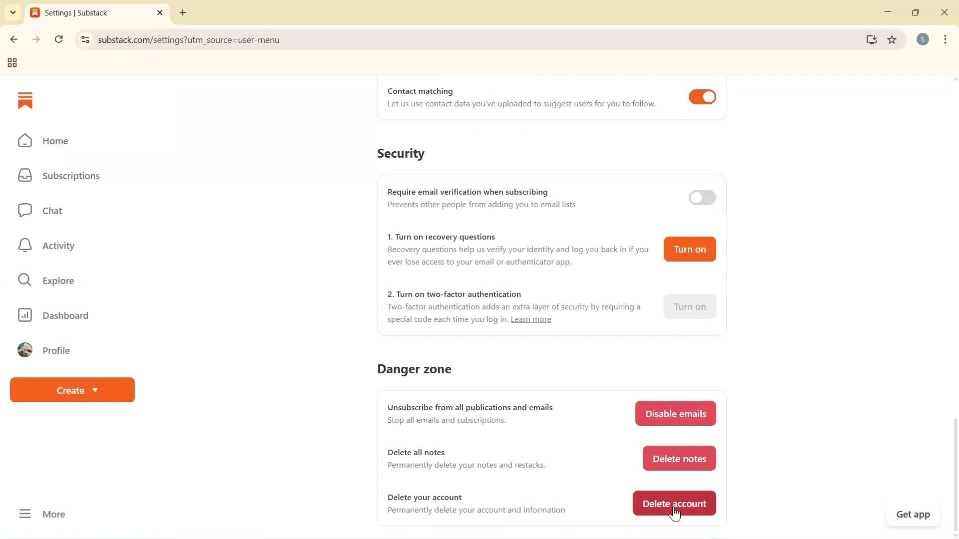 Deleting your account screenshot