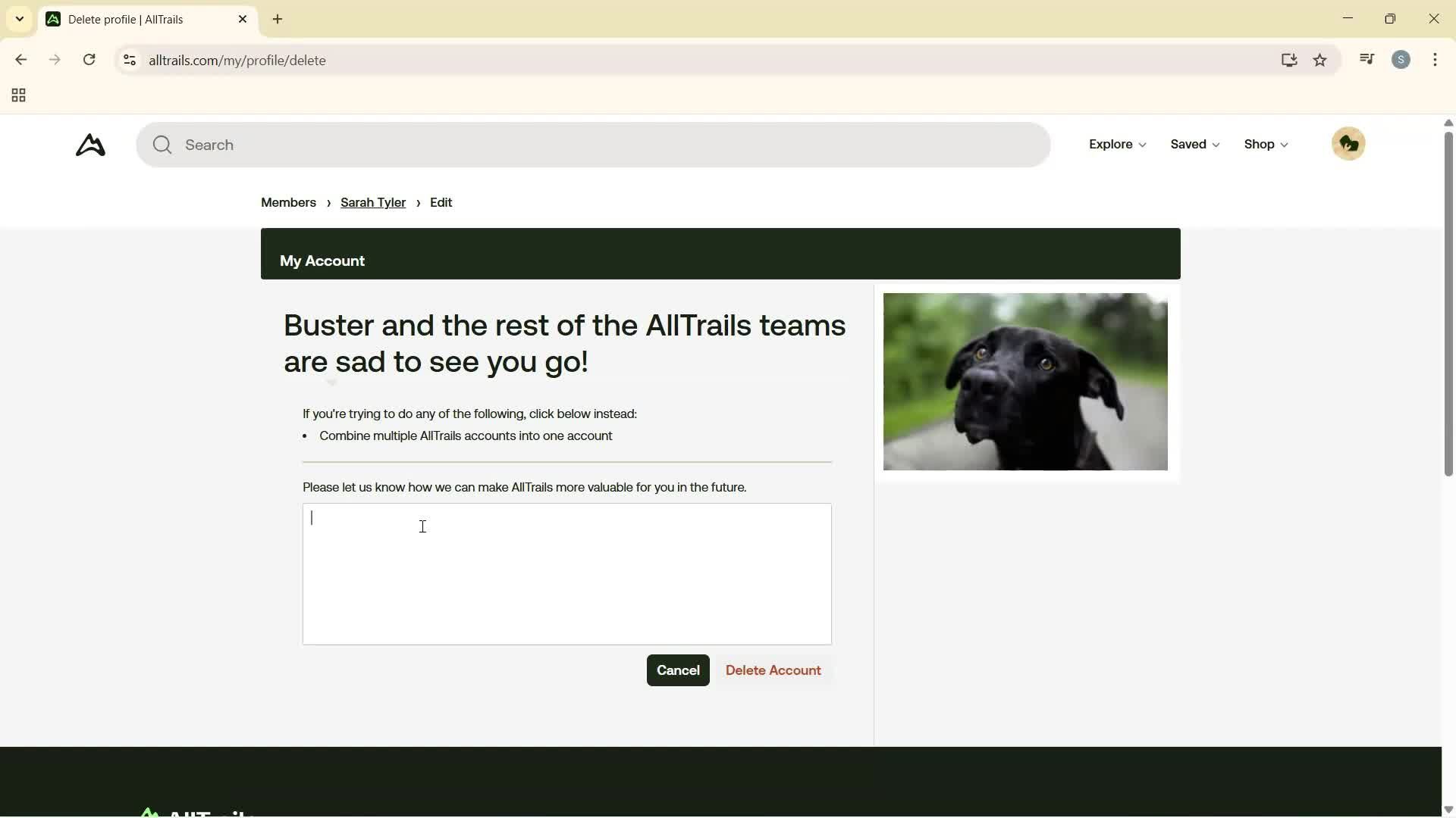 Deleting your account screenshot