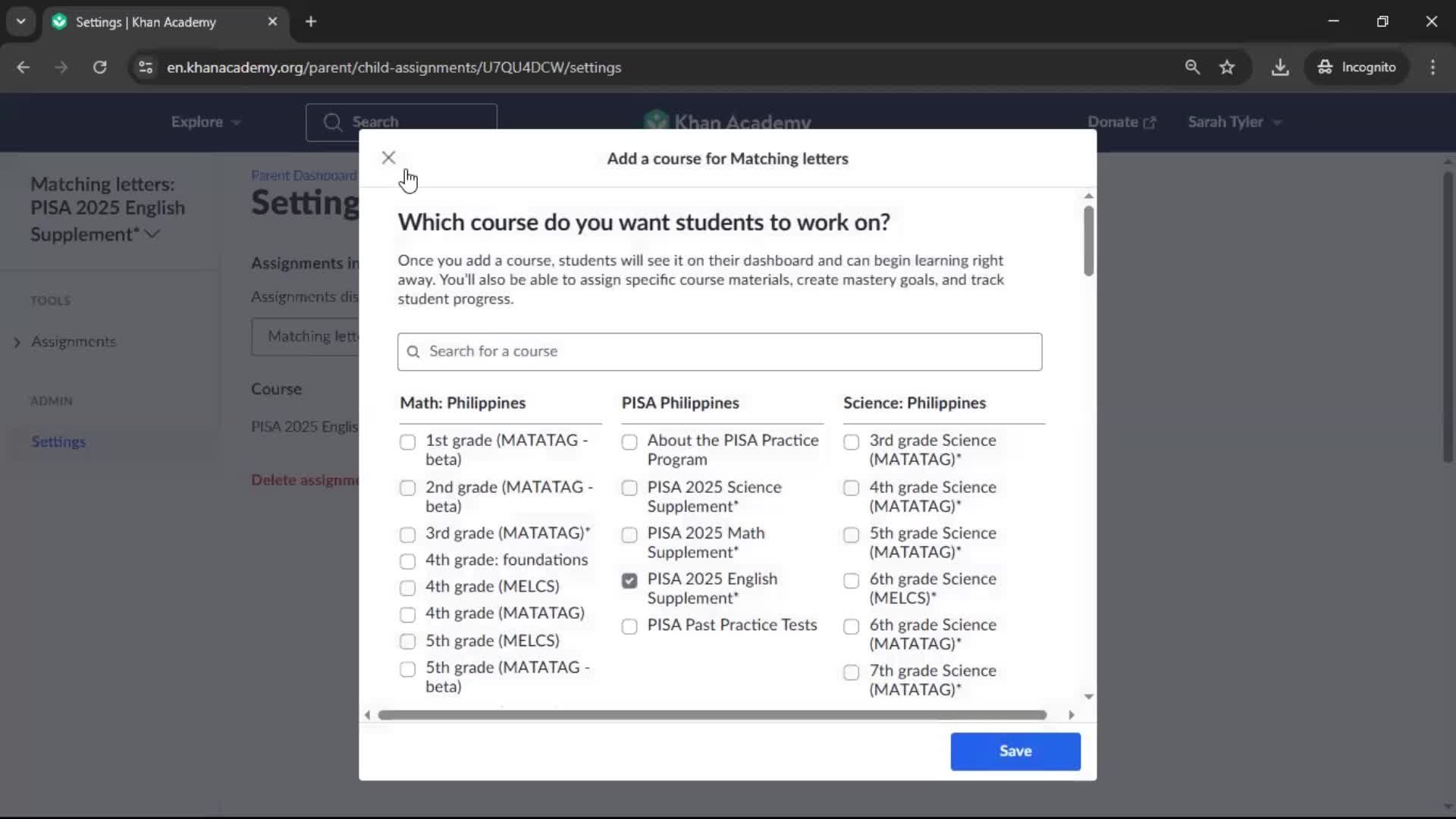 Deleting an assignment screenshot