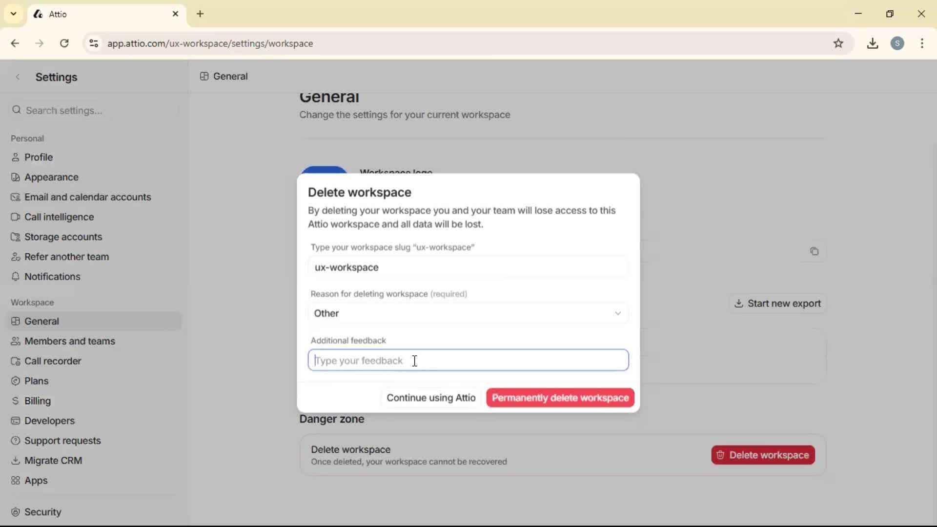 Deleting a workspace screenshot