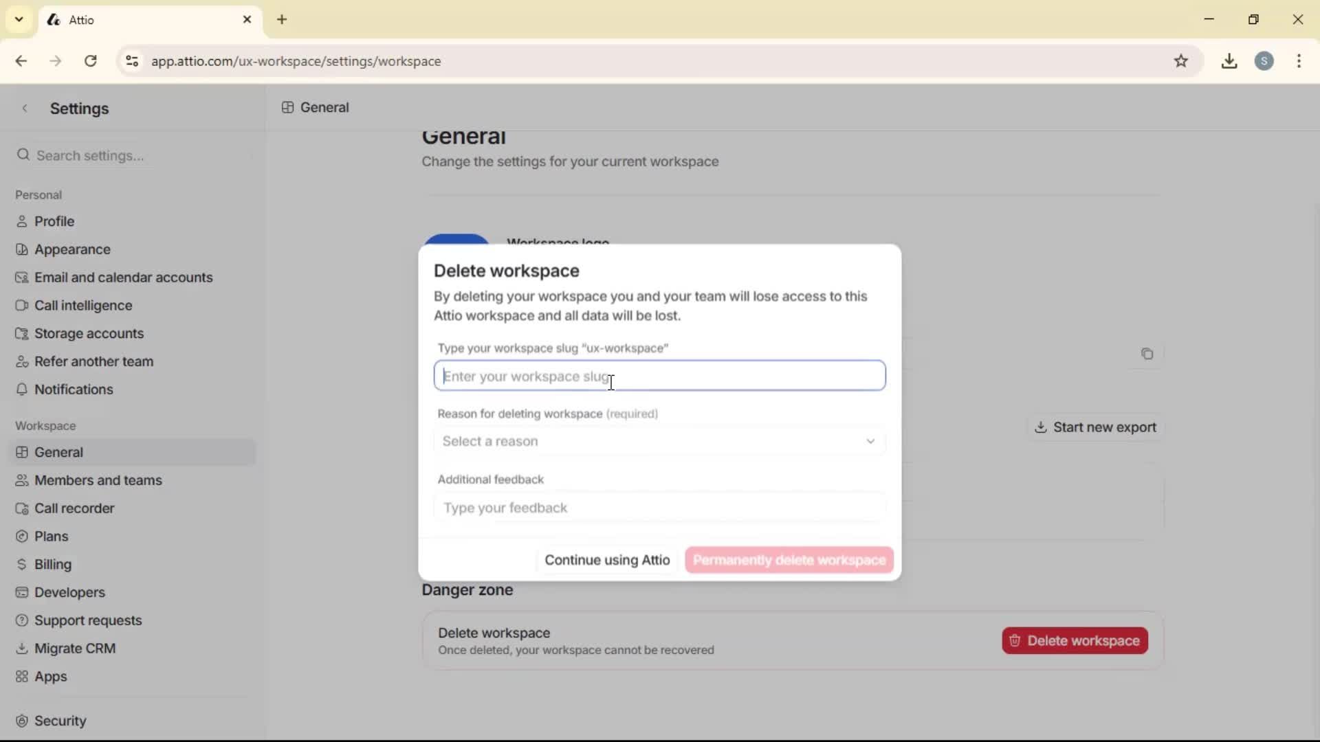 Deleting a workspace screenshot