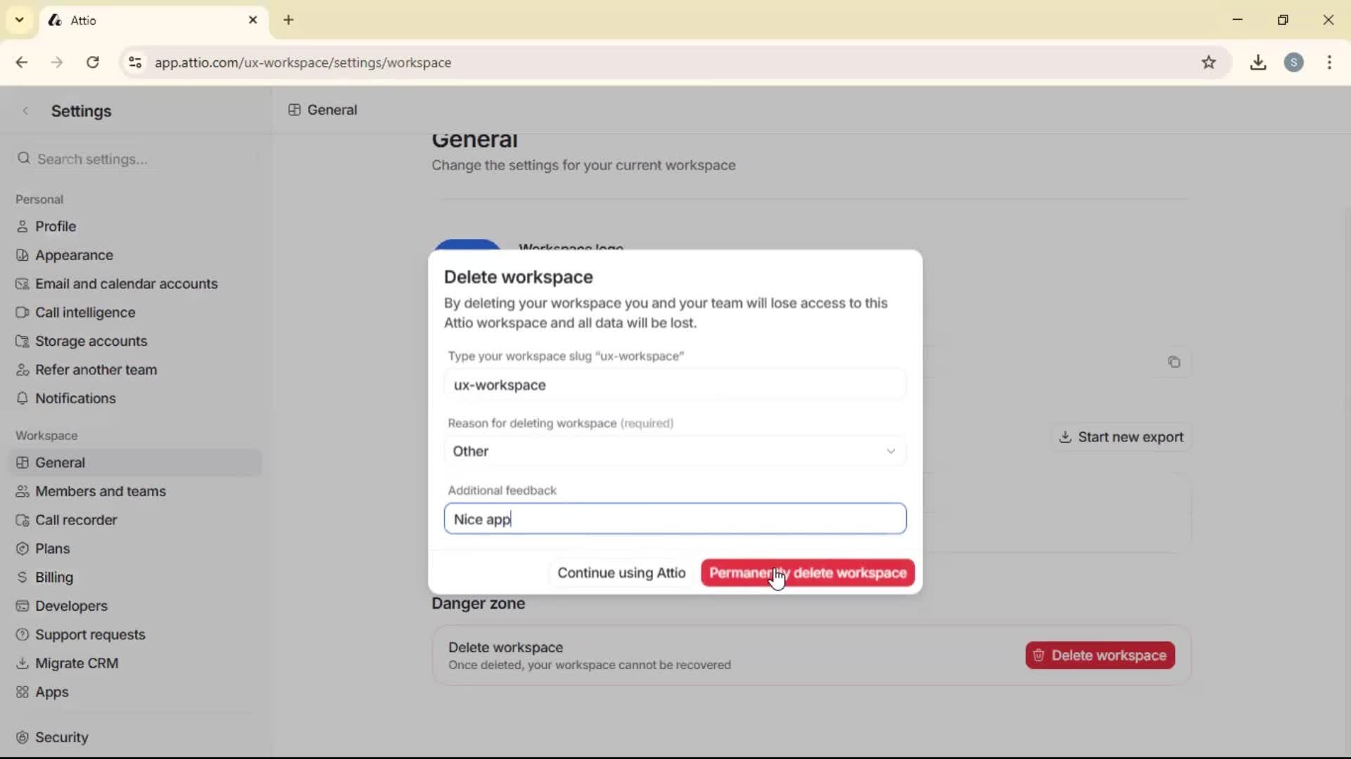 Deleting a workspace screenshot