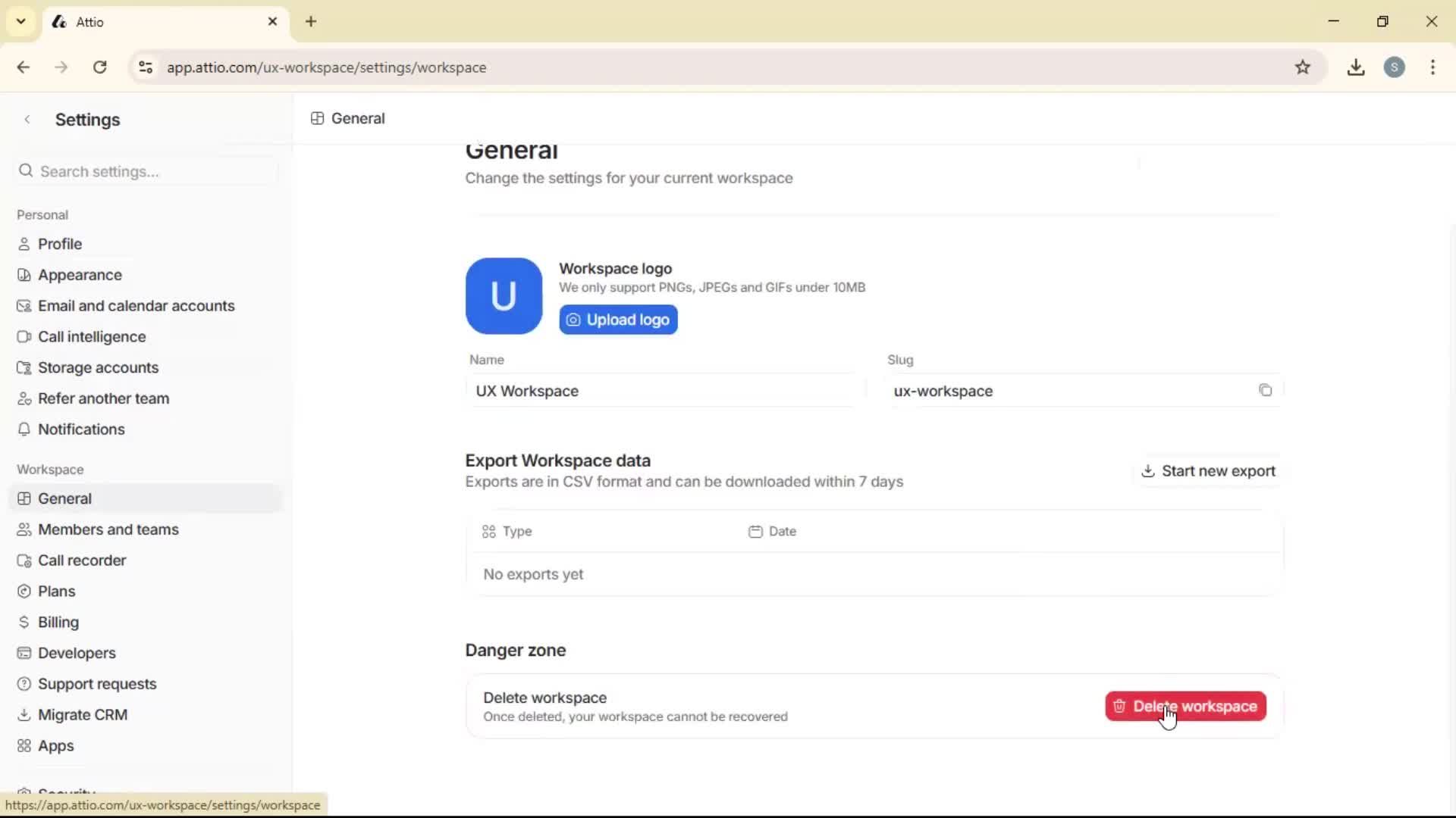 Deleting a workspace screenshot