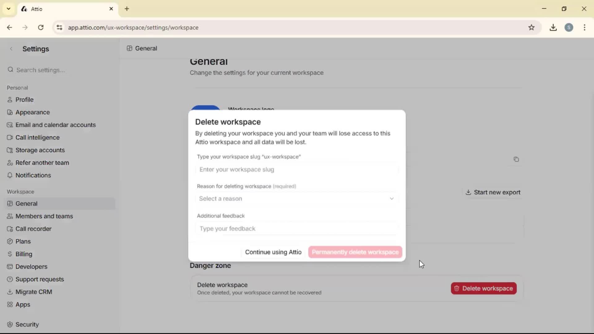 Deleting a workspace screenshot