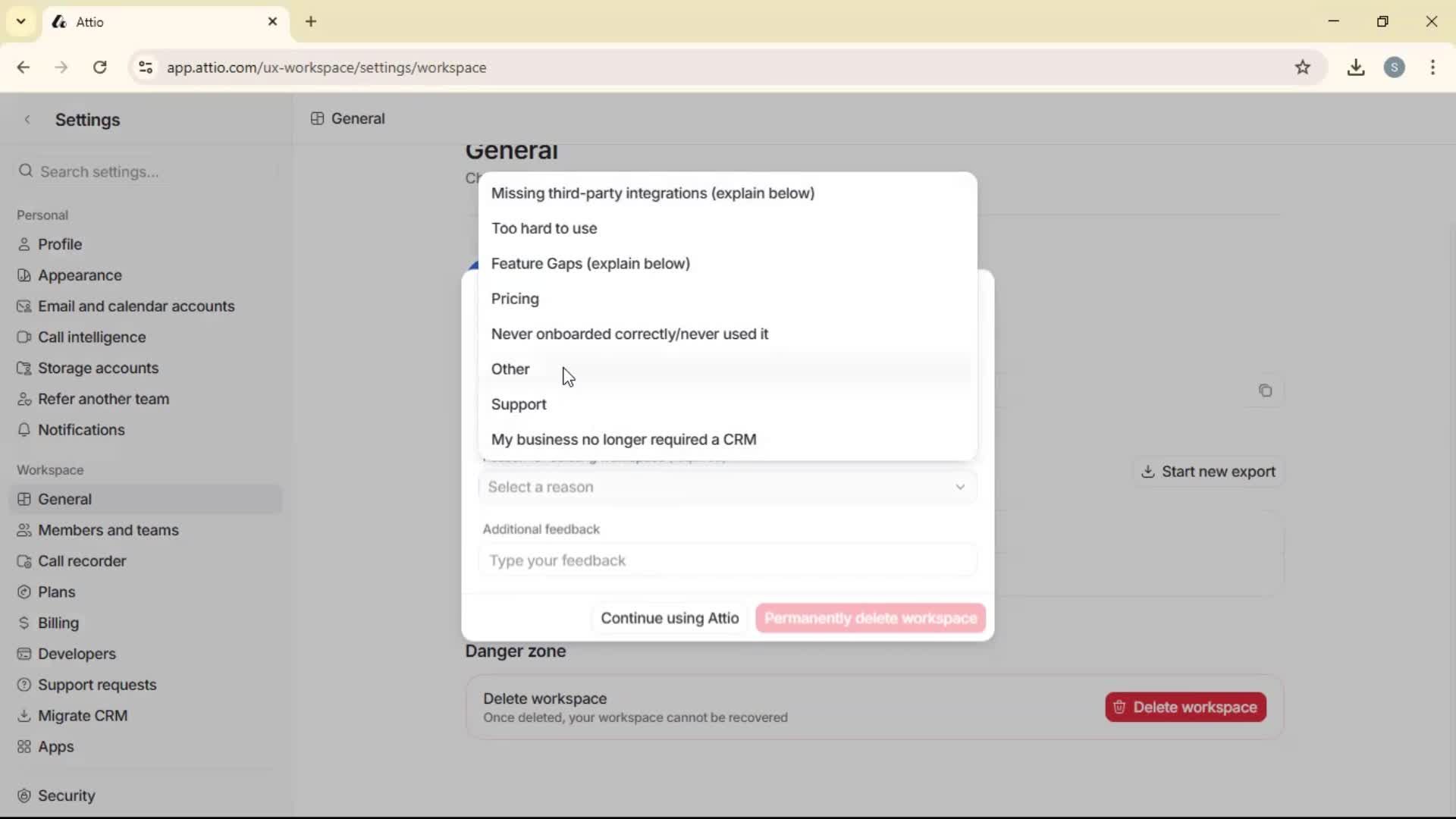 Deleting a workspace screenshot