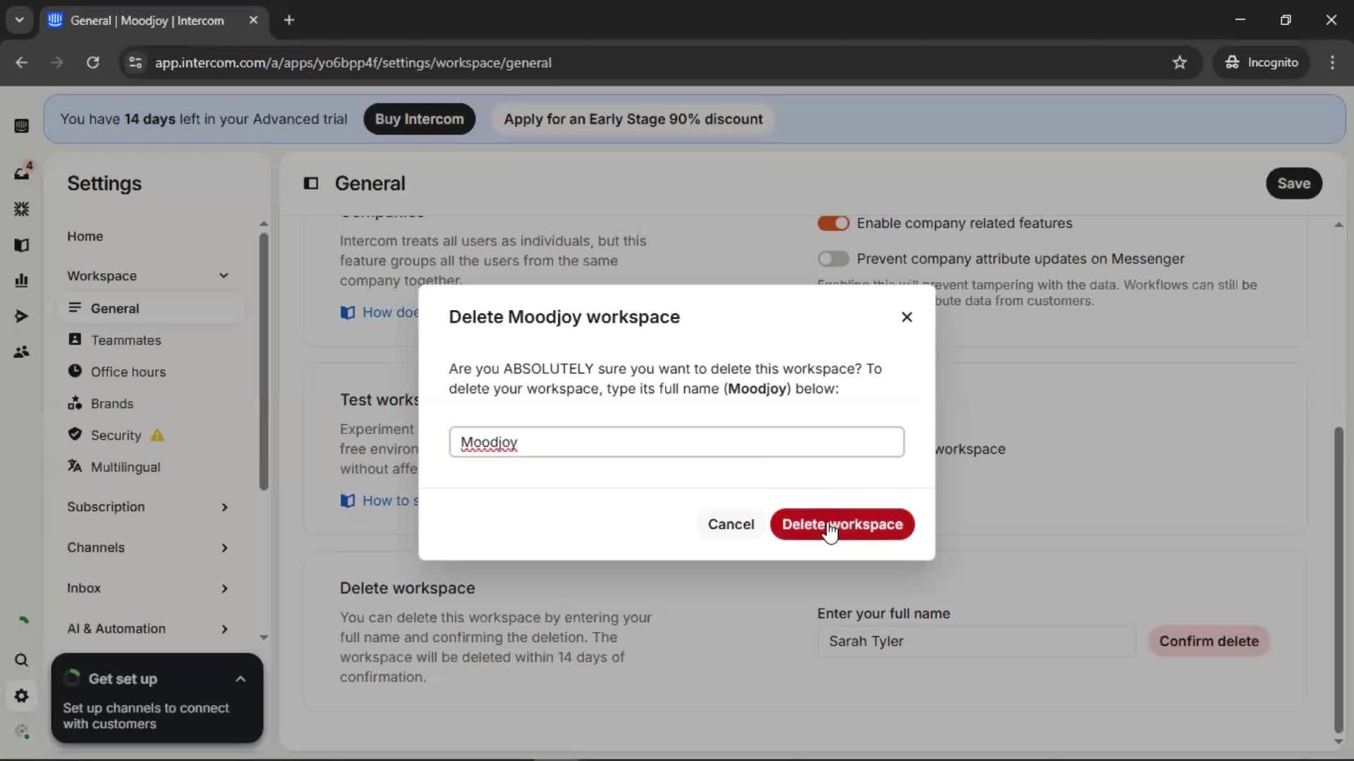 Deleting a workspace screenshot