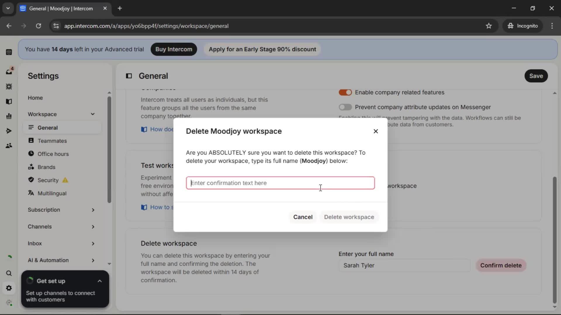 Deleting a workspace screenshot