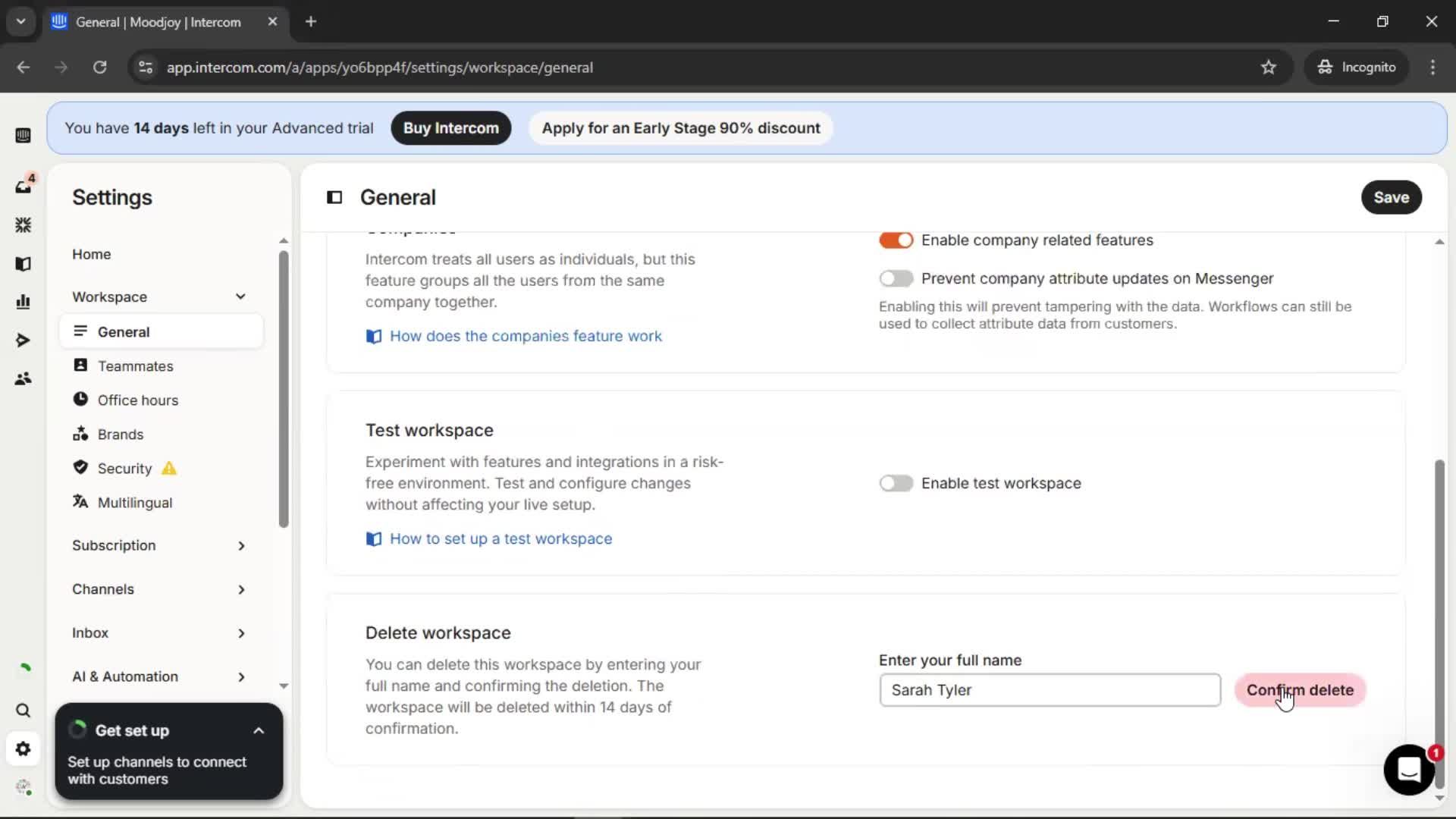 Deleting a workspace screenshot