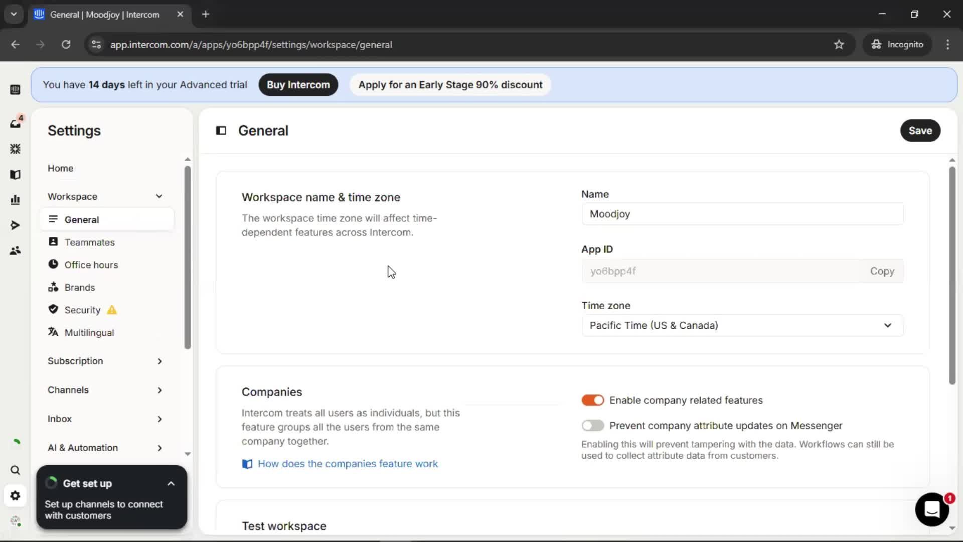 Deleting a workspace screenshot
