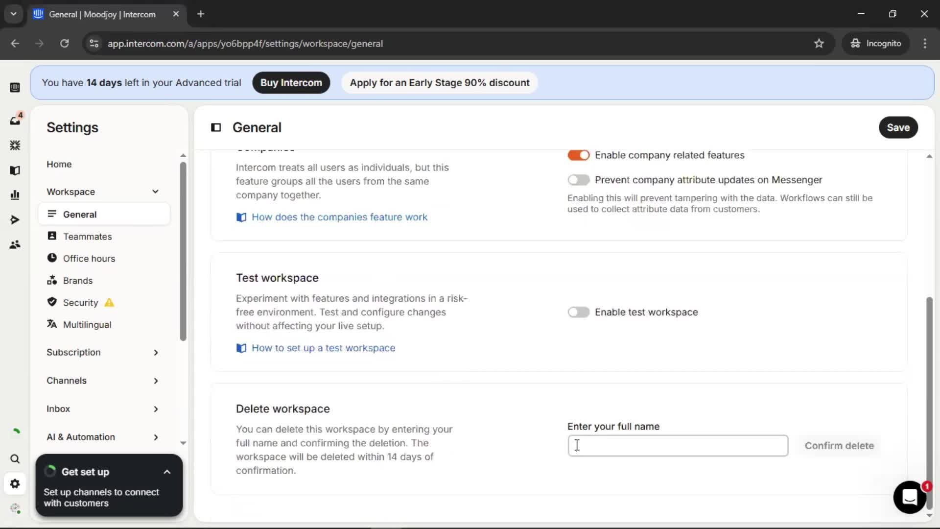 Deleting a workspace screenshot