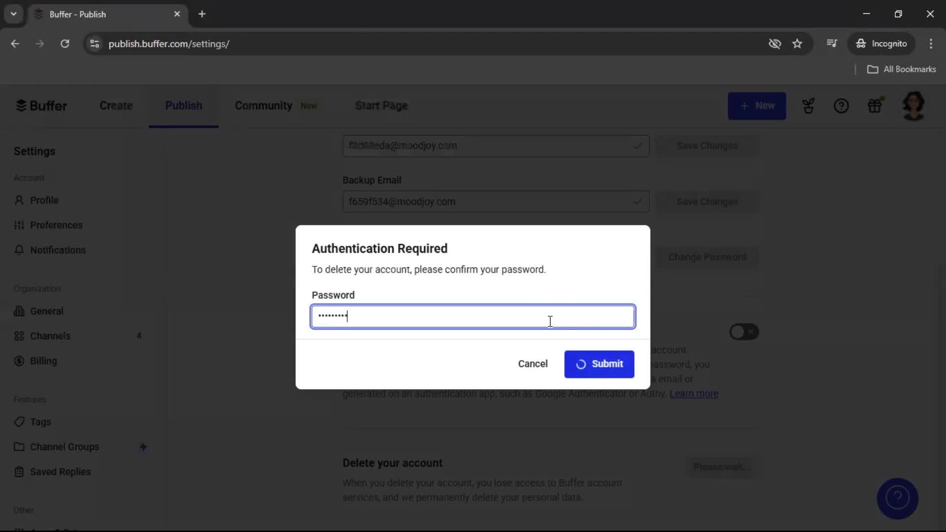 Deleting your account screenshot