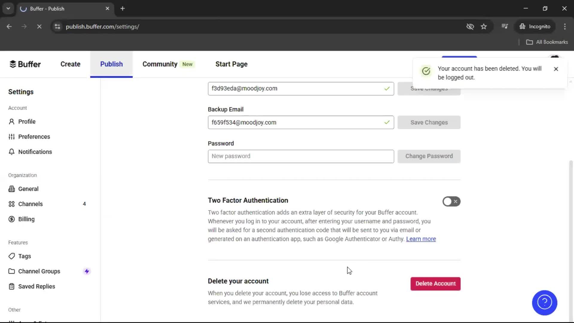 Deleting your account screenshot