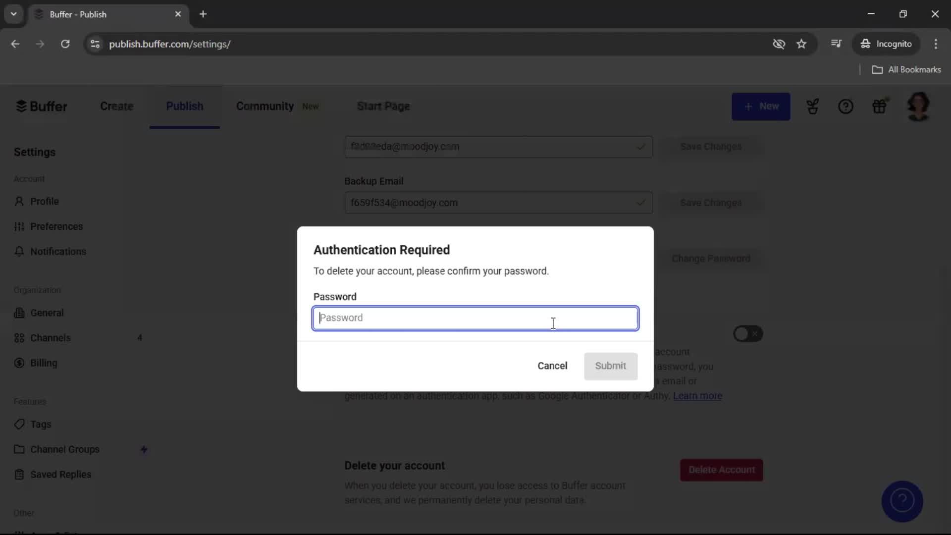 Deleting your account screenshot