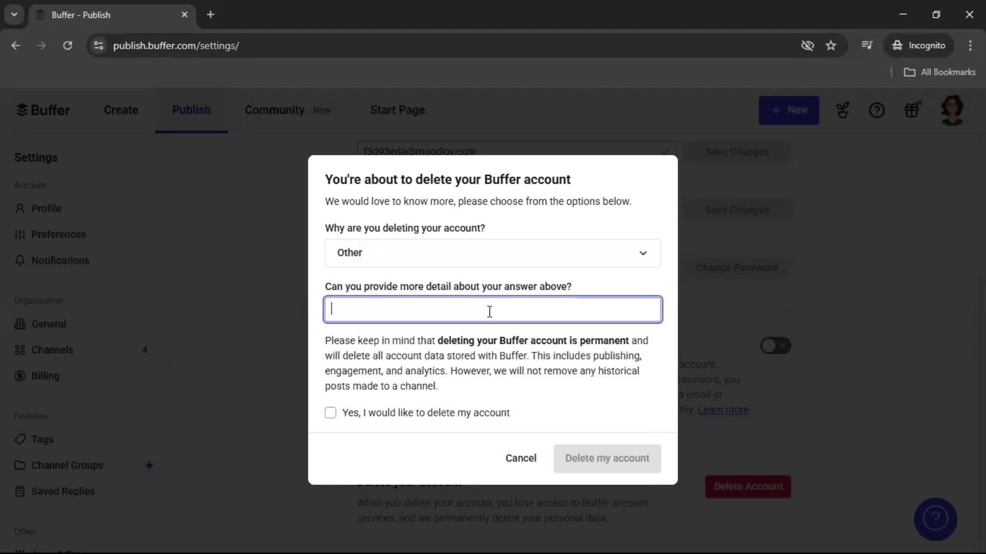 Deleting your account screenshot