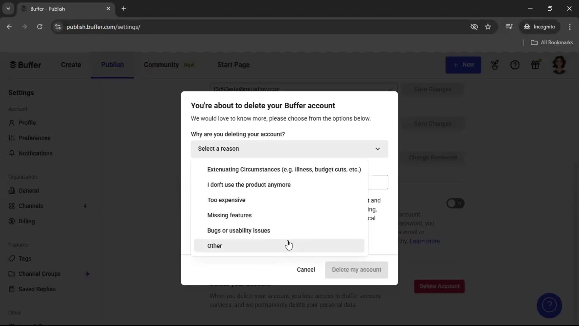 Deleting your account screenshot