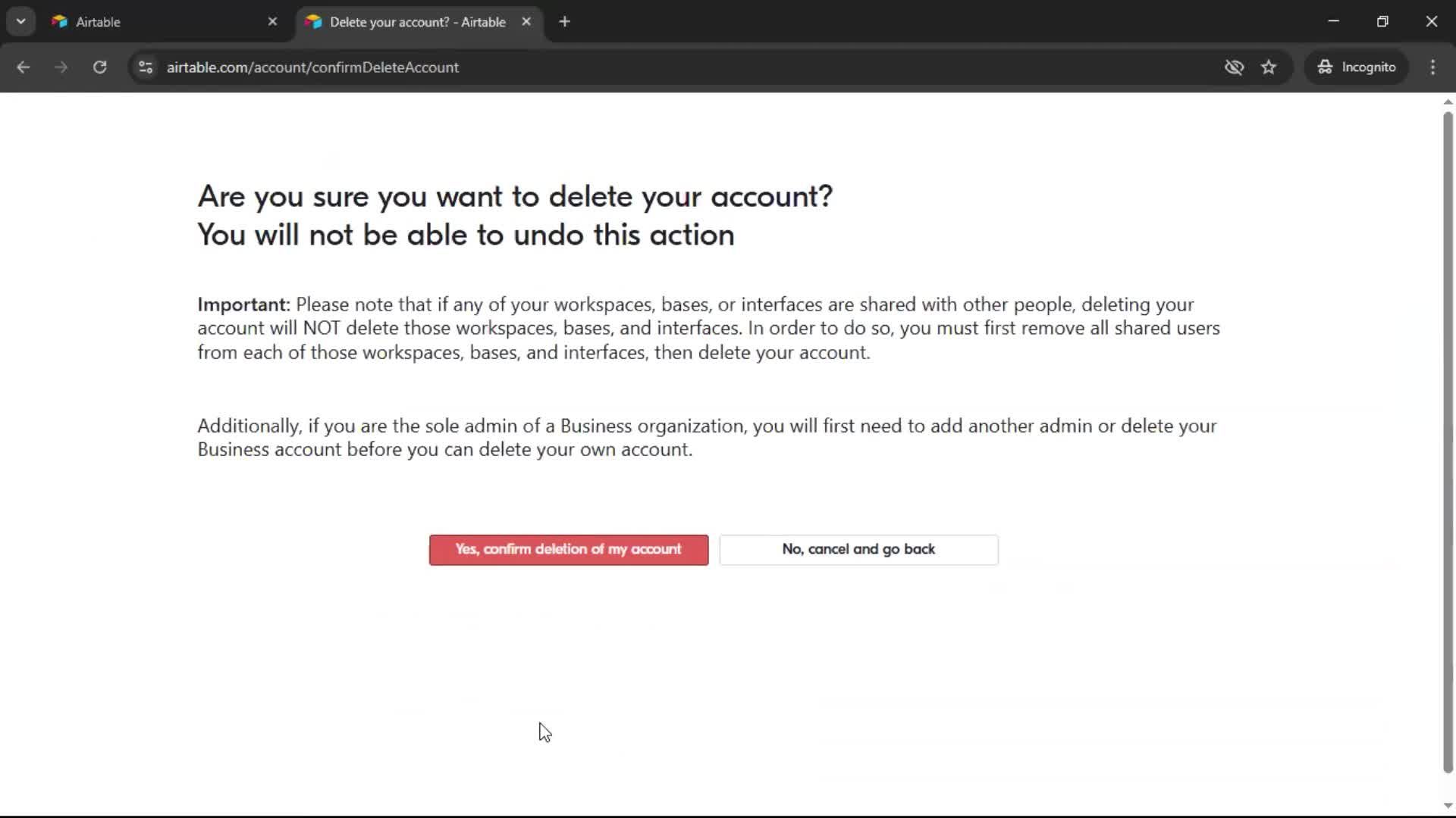 Deleting your account screenshot
